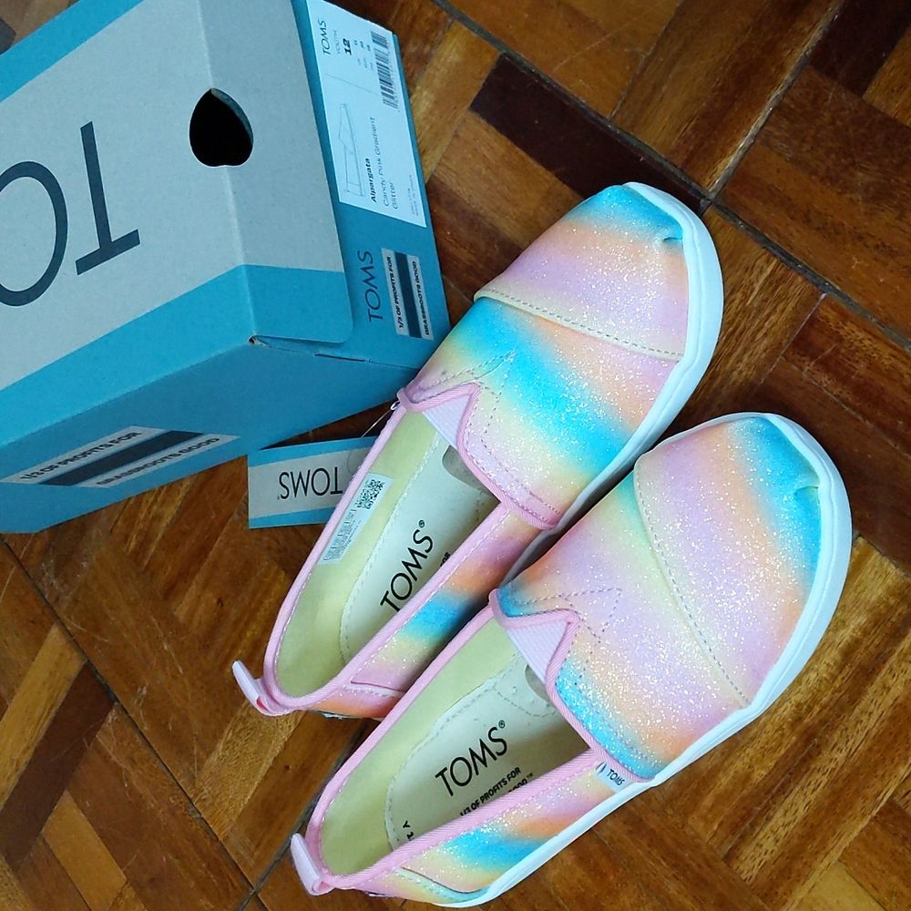NWT Toms Alpargatas, sparkly rainbow canvas, size 12
